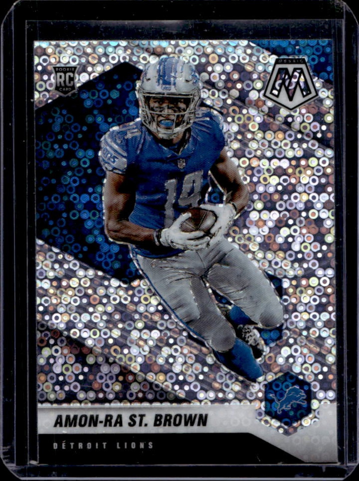 2021 Panini Mosaic Amon-Ra St. Brown No Huddle Prizm Silver Rookie RC #328 Lions