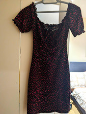 New Look Black Floral Midi A-Line Dress Square Neck Puff Sleeve Smocked UK 8