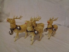 4 VINTAGE CELLULOID PLASTIC DEER REINDEER FIGURES MICA SURFACE BELL COLLARS