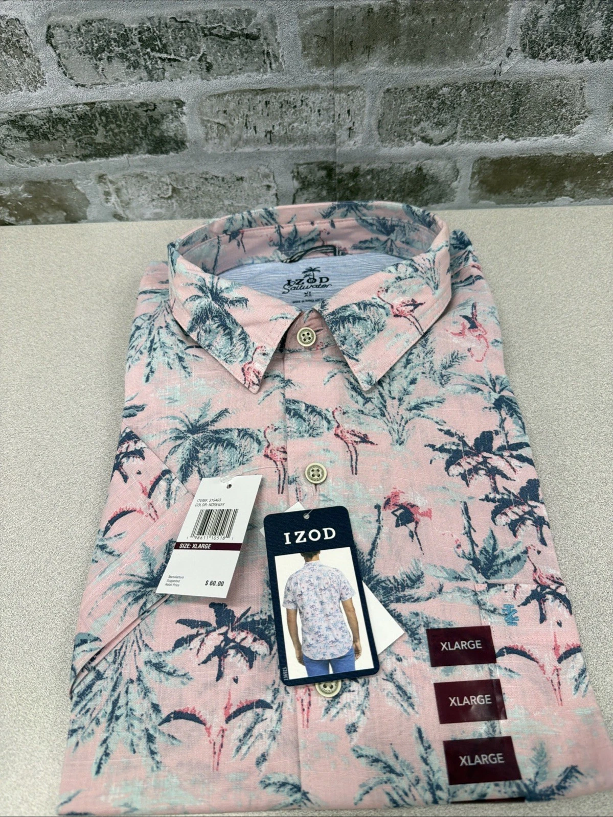 IZOD Saltwater Button Down Shirt Pink Flamingo Palm Tree Print Mens XL NWT
