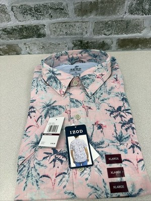 IZOD Saltwater  Button Down Shirt Pink Flamingo Palm Tree Print Mens XL NWT