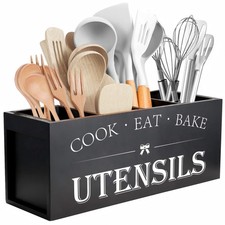 Extra Large Wooden Utensil Holder 4-Compartment Countertop Organizer Black