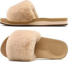 Womens Slides Fuzzy Slippers Open Toe Fluff Slippers with Arch Support Plantar F