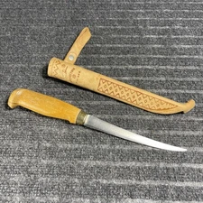 Vintage J. Marttiini Finland Wood Handle Fillet Fishing Knife w/ Original Sheath