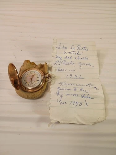 Antique Elgin Gold Plated Pocket Watch Working crack in crystal W/History. B4