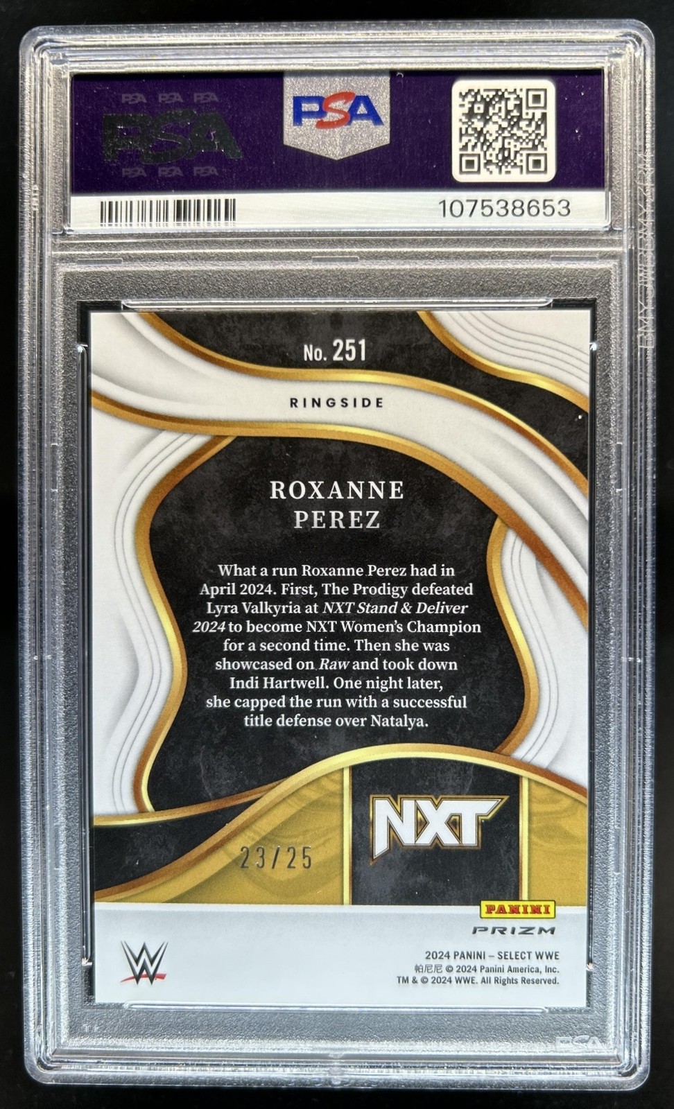 2024 Panini Select WWE Roxanne Perez Tie-Dye Prizm Ringside #/25 PSA 10 GEM MINT view 2