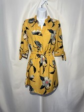 Hint of Blush Yellow Floral Mini Dress S 3/4 Sleeve Draw String Waist Boho