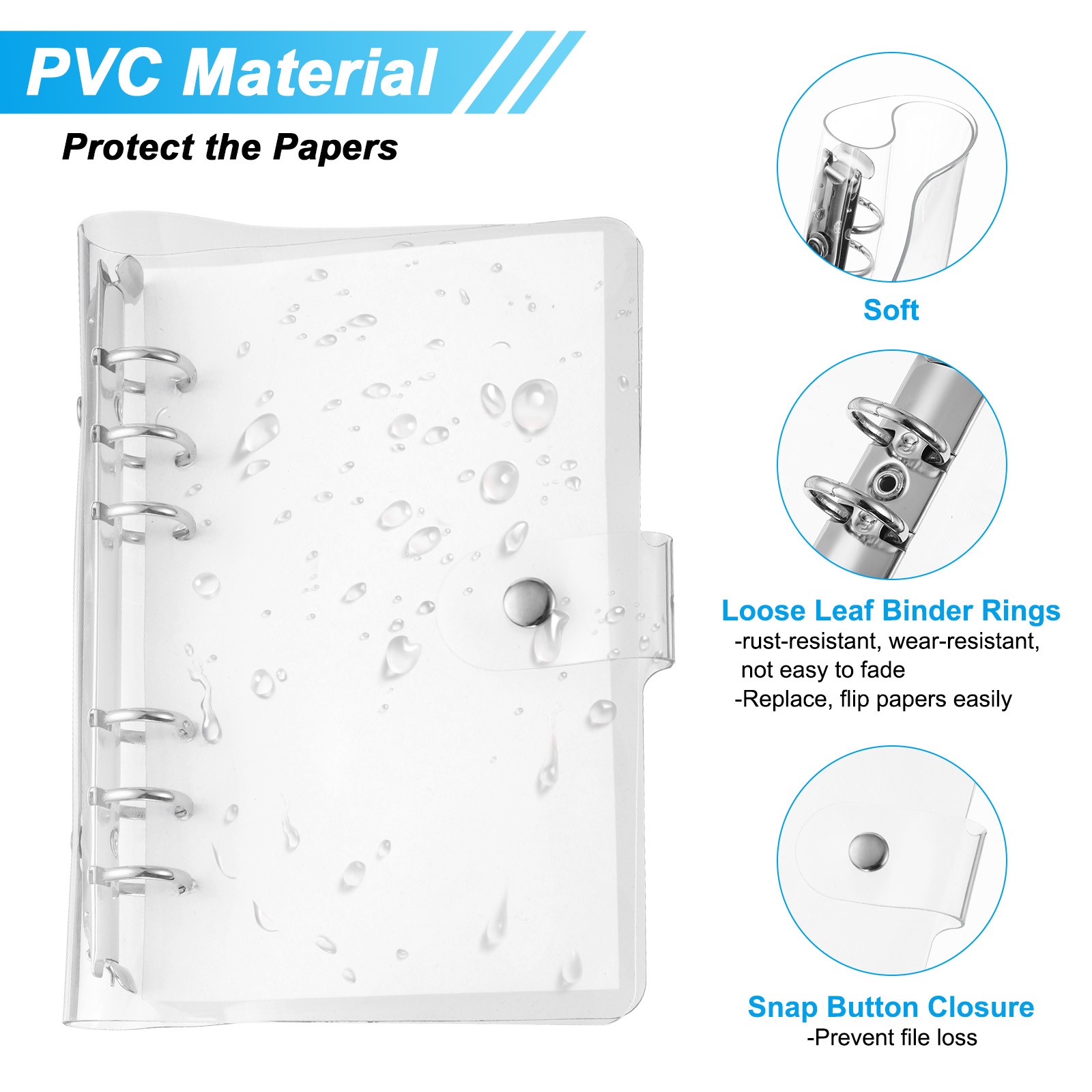 Soft PVC A6 Clear Binder Cover with Snap Button Closure 6 Ring, Silver Tone,4Pcs