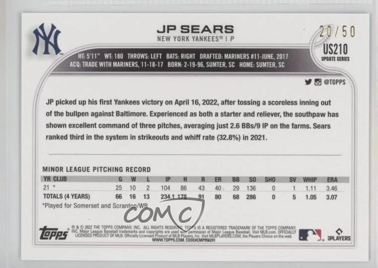 2022 Topps Update Father's Day Powder Blue /50 JP Sears #US210 Rookie RC - Image 2 of 2