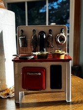 Vintage Tin Toy Dollhouse Stove Miniature Kitchen w/ Pots Pans Fish Accessories