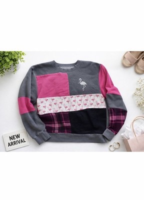 Handmade Patchwork Crewneck Get Your Pink Back Flamingo Sweater Fits Small-xl