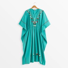 Women's Teal Floral Embroidered V-Neck Kaftan Beach Dress One Size Cotton