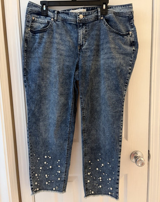 C Denim Women's Petite High-Rise Tapered Blue Jeans Pearl Accents
