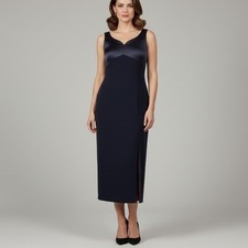 Tahari Midi Sheath Dress Women 10 Navy Blue Satin Trim V-Neck Slit Formal Dress