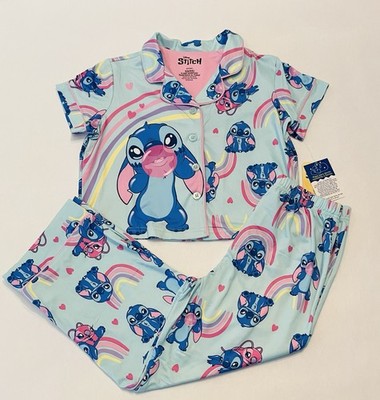 Disney Girls Stitch Pajamas Size 6 Pants Button Up Shirt 2 PC Set New