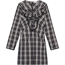 Ganni Plaid Ruffle Lace Up Dress 100% Organic Cotton Long Sleeve Black White
