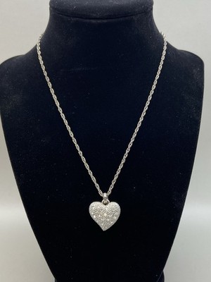 Vintage Chico s Heart Rhinestone Chain Silver Tone Pendant Necklace