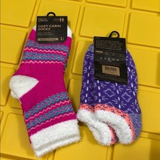 Bundle of 2 Girl Cozy Cabin Youth Socks Gripper Winter Non Slip Thick Warm Gift