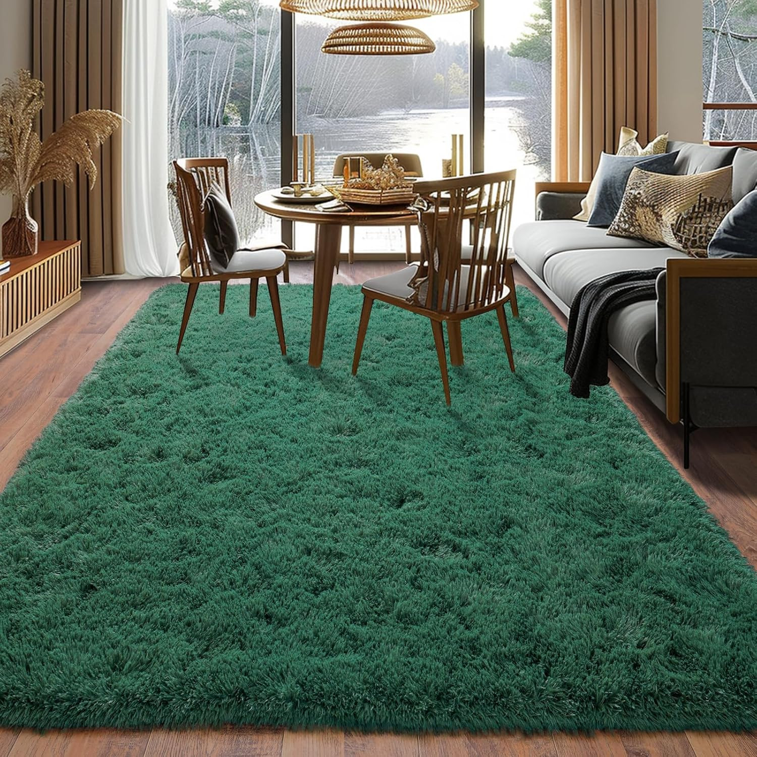 Super Soft Area Rugs for Living Room, 4X6 Feet Modern Shag Dark Green Rug, Fluff