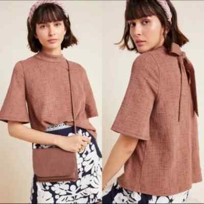 Anthropologie Current Air Cocoa Brown Short Flutter Sleeve Bette Tie Back Top XS