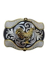 Cowboy Belt Buckle For Man Rooster 4.25"x3.25" Black Tone/Gold/Silver