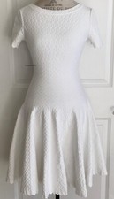 AZZEDINE ALAIA WHITE STRETCH KNIT FIT  FLARE PATTERNED DRESS SHORT SLEEVE 38