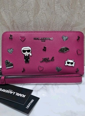 KARL LAGERFELD Fuchsia Jacqueline Zip Woman's Wristlet Wallet w/ Pins NWT
