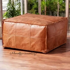 Moroccan Leather Ottoman Pouffe Boho Brown Unstuffed Genuine Footstool New 50''