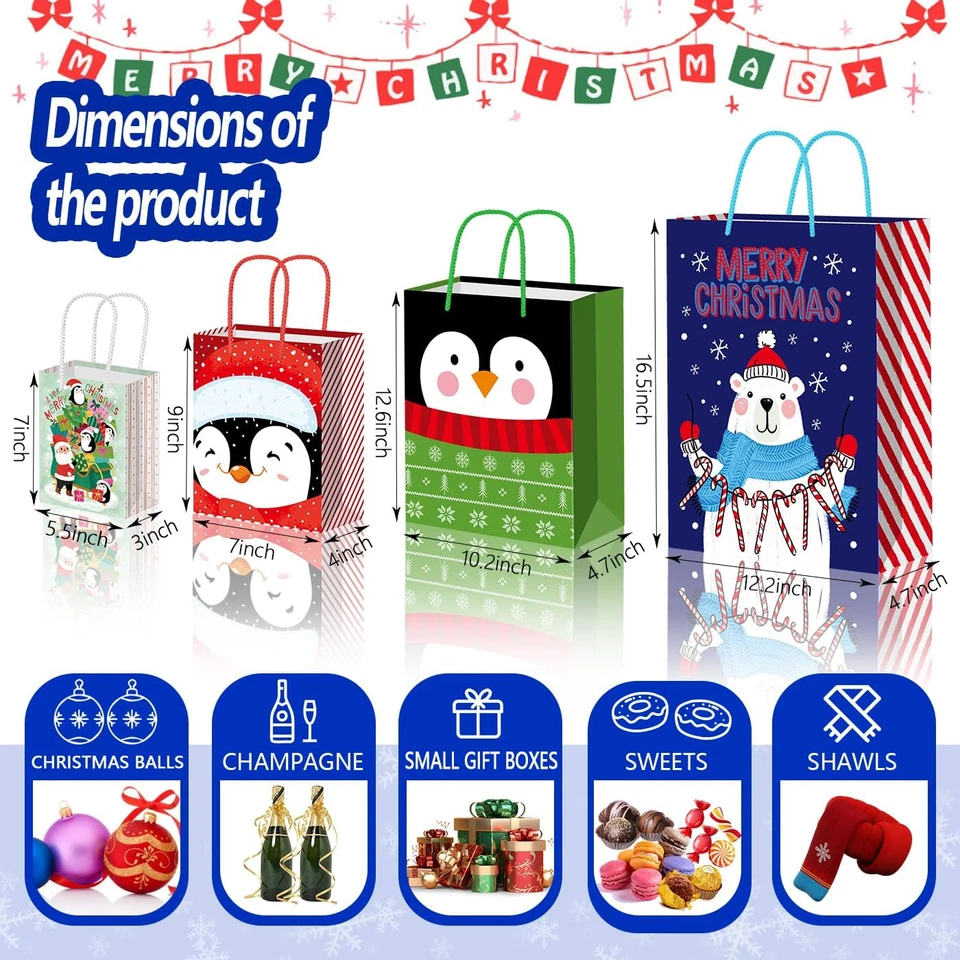 Pack de 24 tamaños surtidos con 24 etiquetas de regalo, bolsas de papel de Navidad con asa, 6 jum Foto 2 de 4