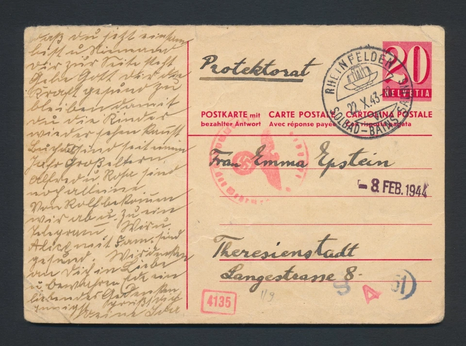 1943 SWITZERLAND TO THERESIENSTADT POSTCARD GHETTO POST GERMAN CZECHOSLOVAKIA - Image 3 of 4