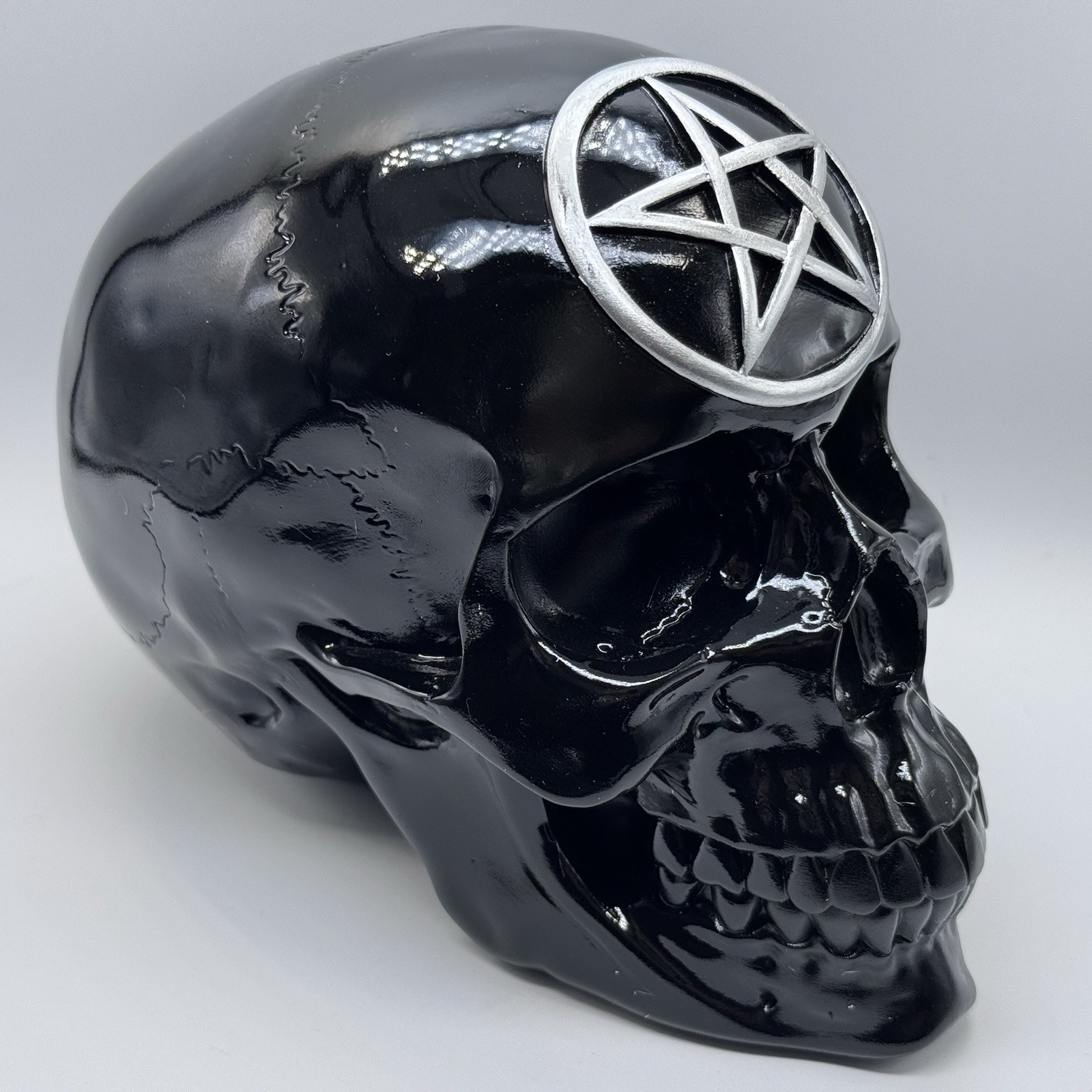 Black Magic Skull Ornament 19.5cm Silver Pentagram Gothic Occult Decor BNIB