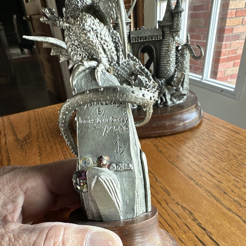 Fantasy Dragon Statue Figurine on Wooden Base with Castle Design