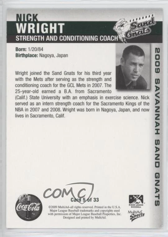 2009 MultiAd Sports Savannah Sand Gnats Nick Wright #5 - Image 2 of 2