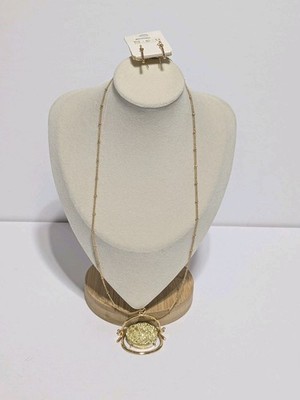 NWT N.E.U Gold Tone Necklace & Earrings Set With Faux Druzy Quartz Pendant