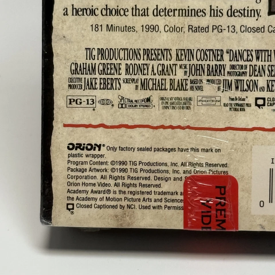 Vintage Dances With Wolves VHS Sealed 1990 Kevin Costner Western Movie Orion - Image 4 of 4