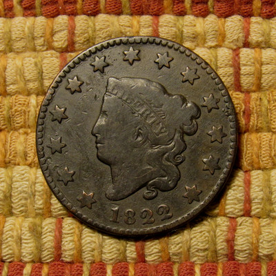 1822 CORONET LARGE CENT, VG/F  ~  PLEASING EXAMPLE WITH NICE FULL REVERSE