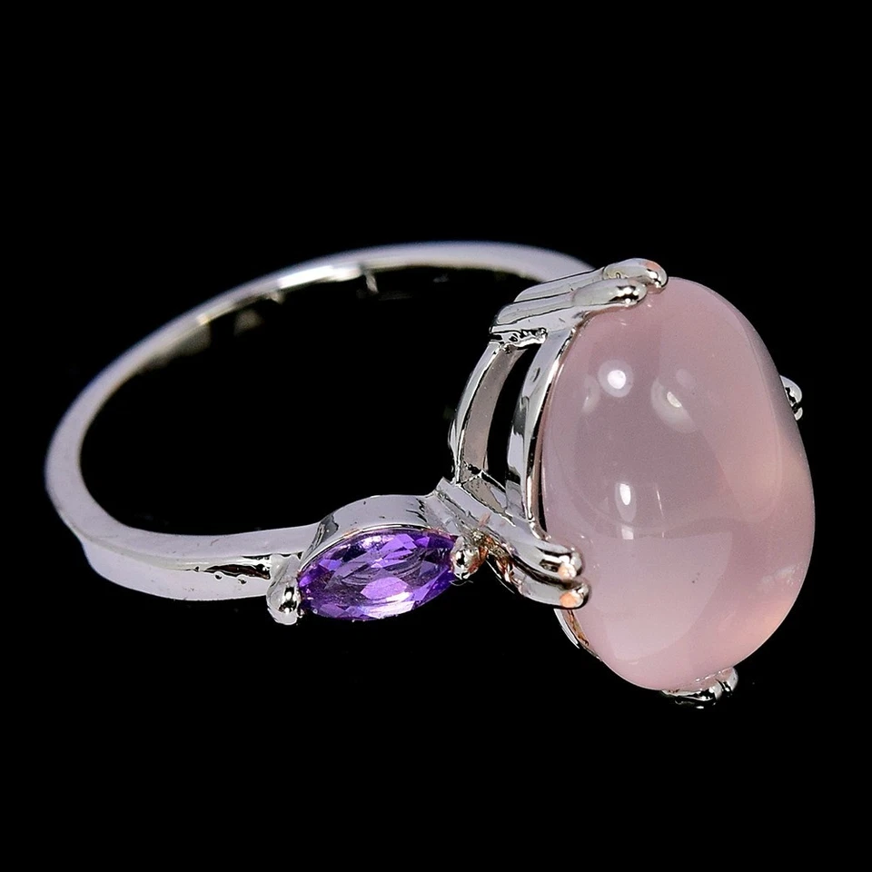 ANILLO NATURAL AAA ROSA CUARZO OVALADO Y PÚRPURA AMATISTA PLATA ESTERLINA 925 TALLA 8 Foto 2 de 4