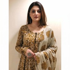 Indian Women's Cotton Anarkali Kurta Pant Dupatta Set Printed Ethnic Wear