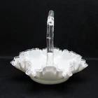 Vtg Fenton White Glass Basket 12" Ruffled crimped Silver Crest Bamboo Handle