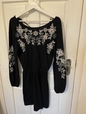 Miss Selfridge black dress Mid Long Sleeve white flowers Boho Chic GC size 10
