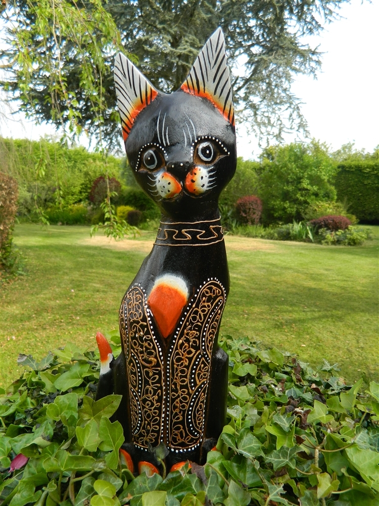 Wooden Cat Carving - Standing Shabby Chic Cat Ornament - Brown 40cm