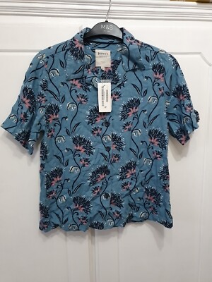 Ladies Shirt Burgs M&S Size 8 Linen Viscose Mix Button Collar Blue Print Rrp£45