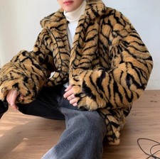 Winter Retro Baggy Men Faux Fur Tiger Pattern Coat Loose Warm Jacket Hairy