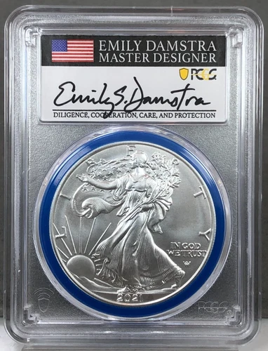 2021-W Burnished Silver Eagle TYPE 2 PCGS SP70 First Strike ~ DAMSTRA SIGNED
