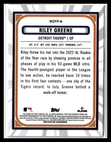 2023 Bowman - Rookie of the Year Favorites Riley Greene #ROYF-6 (RC) - Picture 2 of 2