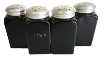 Vintage Black Glass Flour,Sugar,Salt,Pepper Set of 4 Rectangular Shakers