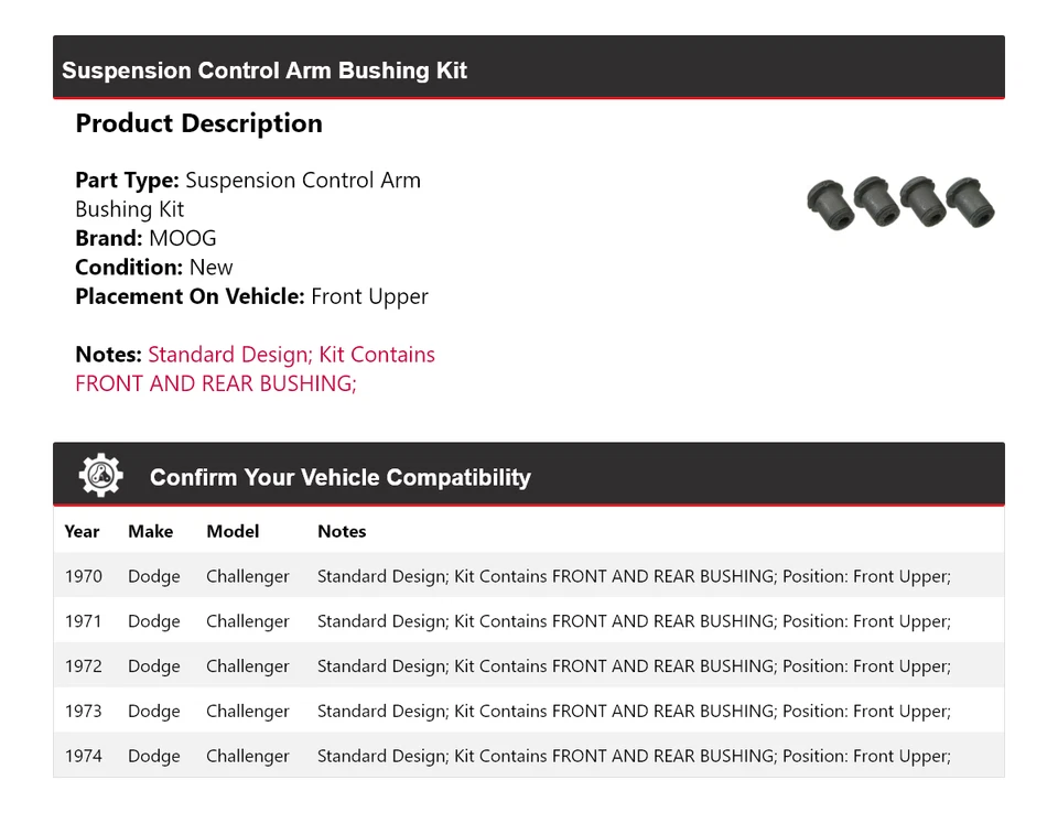 Kit de bucha de braço de controle de suspensão Dodge Challenger 1970-1974 MOOG 1970 1971 - Imagem 2 de 4