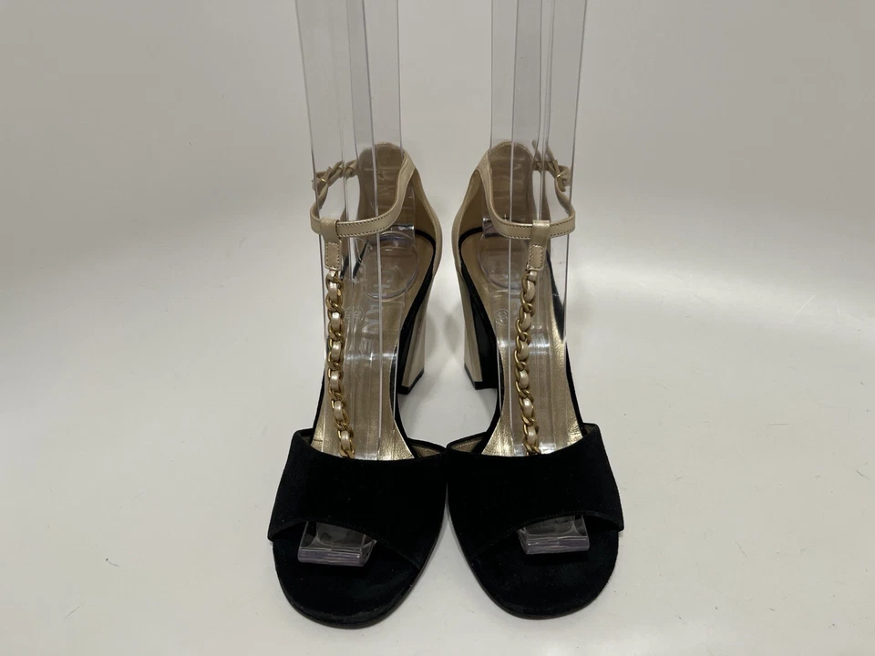 De Colección Chanel Negro Gamuza Beige Cuero Cadena Tacones 36 Foto 2 de 4