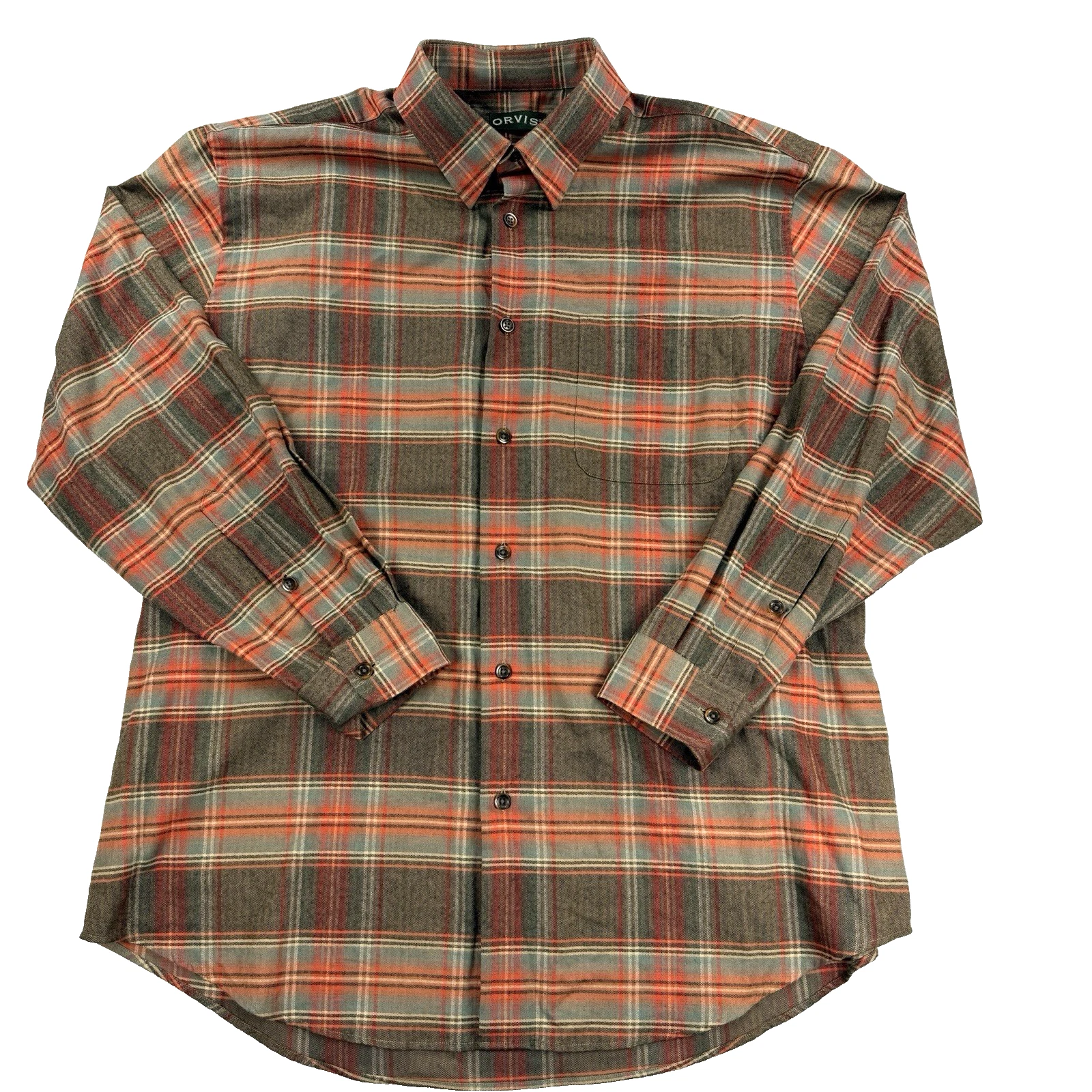 Mens Orvis Flannel Shirt Long Sleeve Button Up Brown Wool Blend Plaid XL