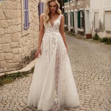Beach Wedding Dresses  Lace Applique Slit A Line V-neck Bridal Gowns Back Button